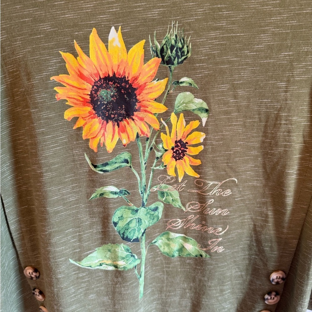Sunflower Print Olive Green Women's Top By True Self Size M